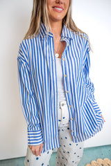 Tunic-Length Cotton Stripe Button-Down Shirt