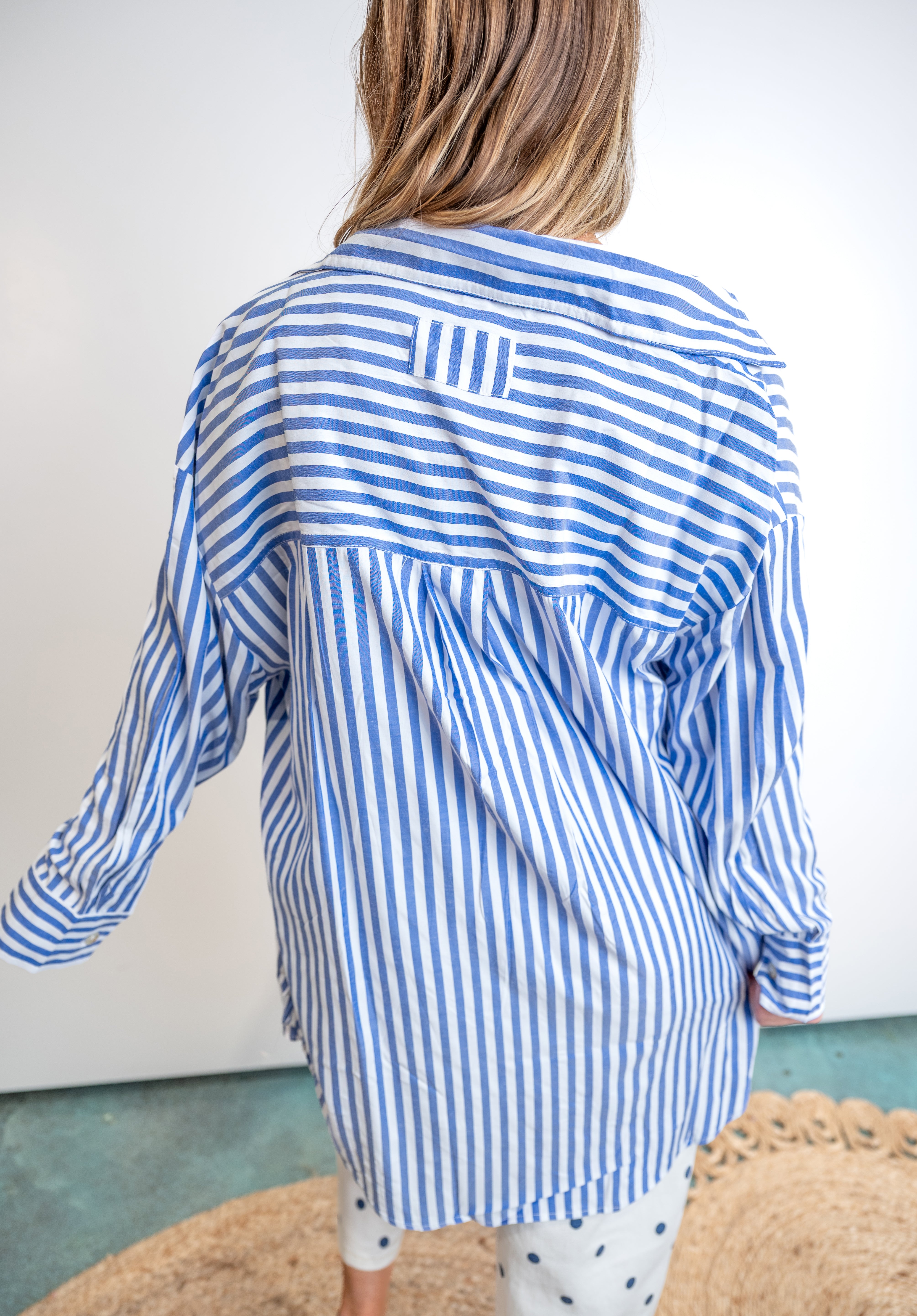 Tunic-Length Cotton Stripe Button-Down Shirt
