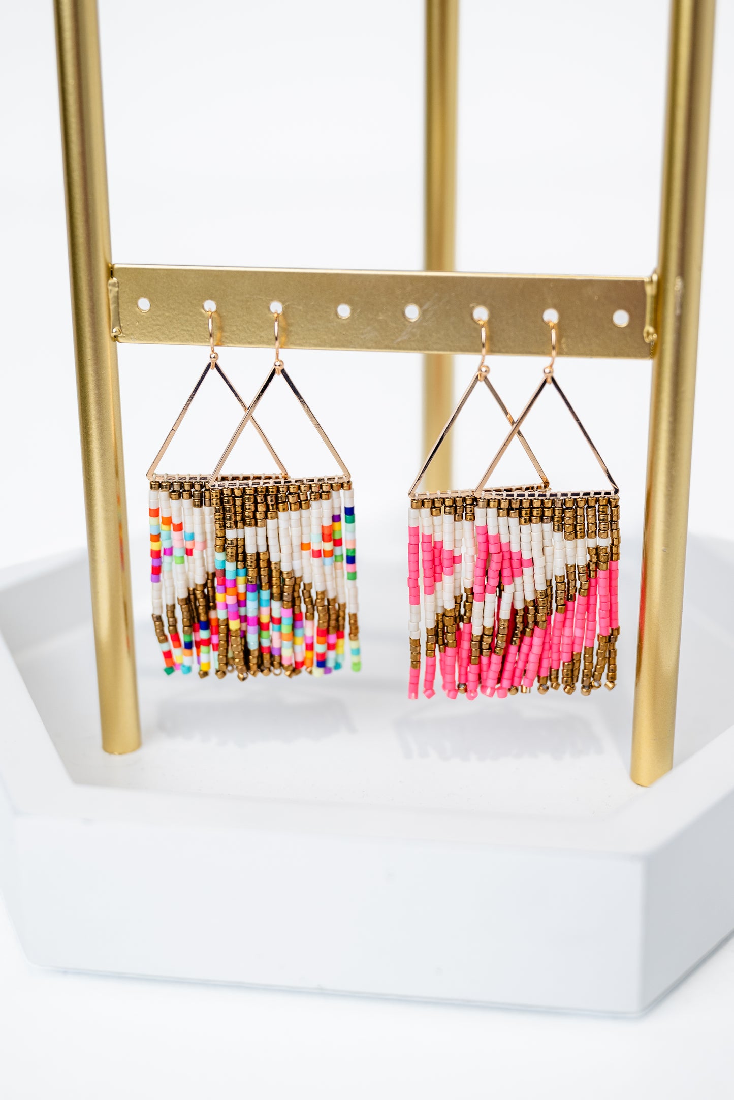 Two Tone Triangle & Seed Bead Fringe Earrings