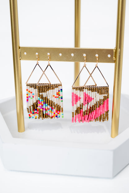 Two Tone Triangle & Seed Bead Fringe Earrings