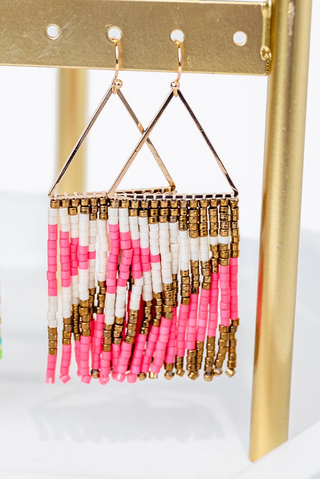 Two Tone Triangle & Seed Bead Fringe Earrings