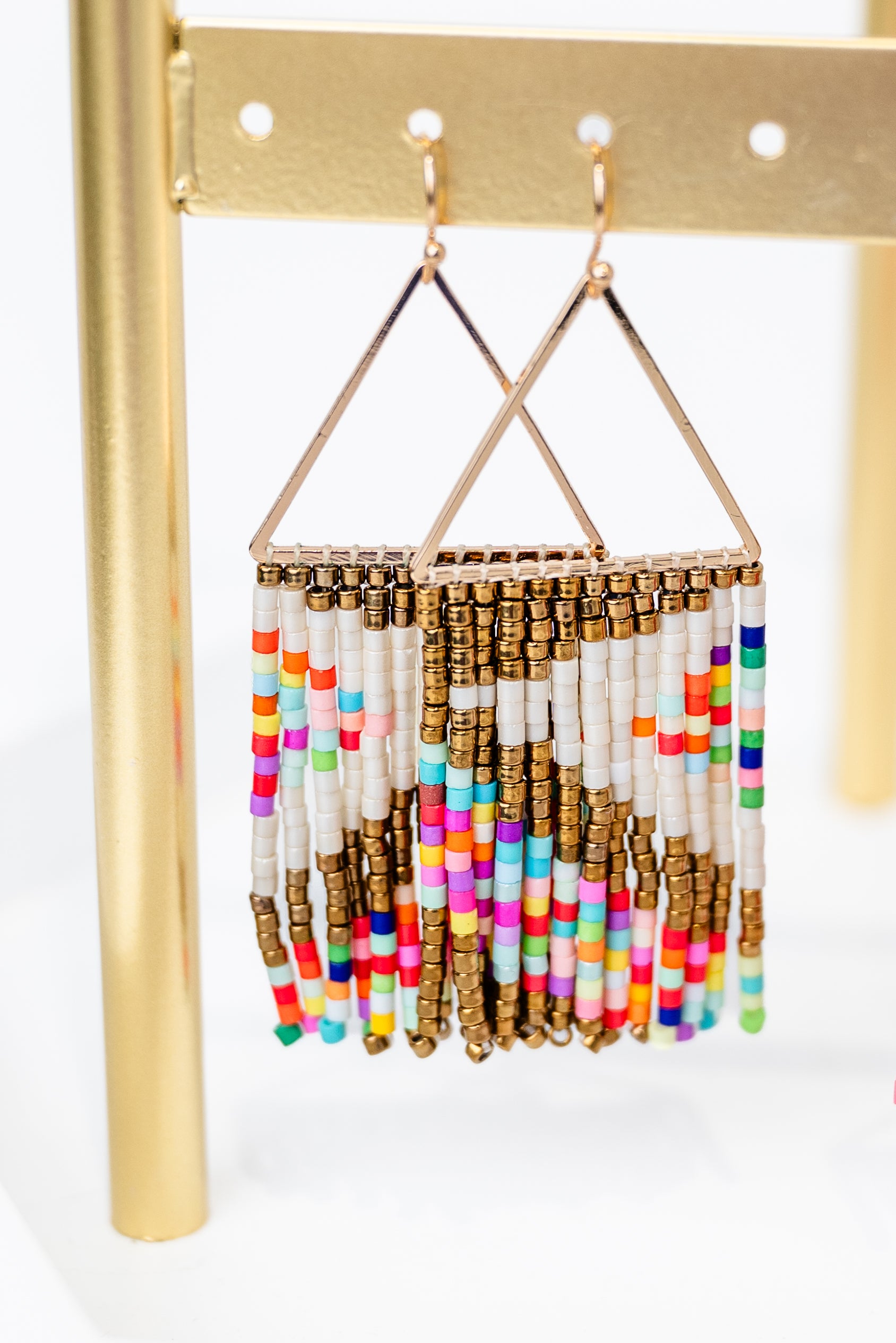 Two Tone Triangle & Seed Bead Fringe Earrings