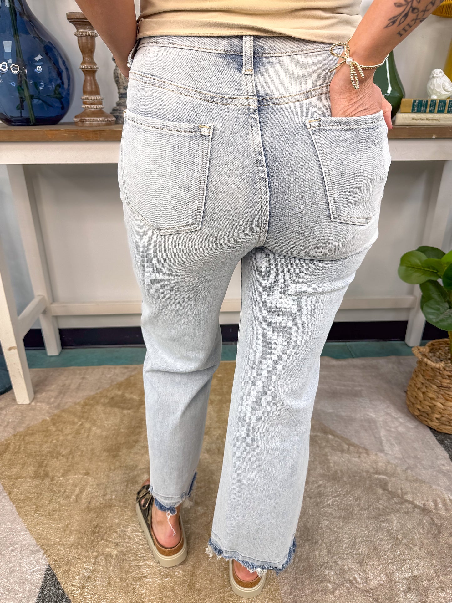Vintage Wash Crop Jeans, Raw Distressed Hem