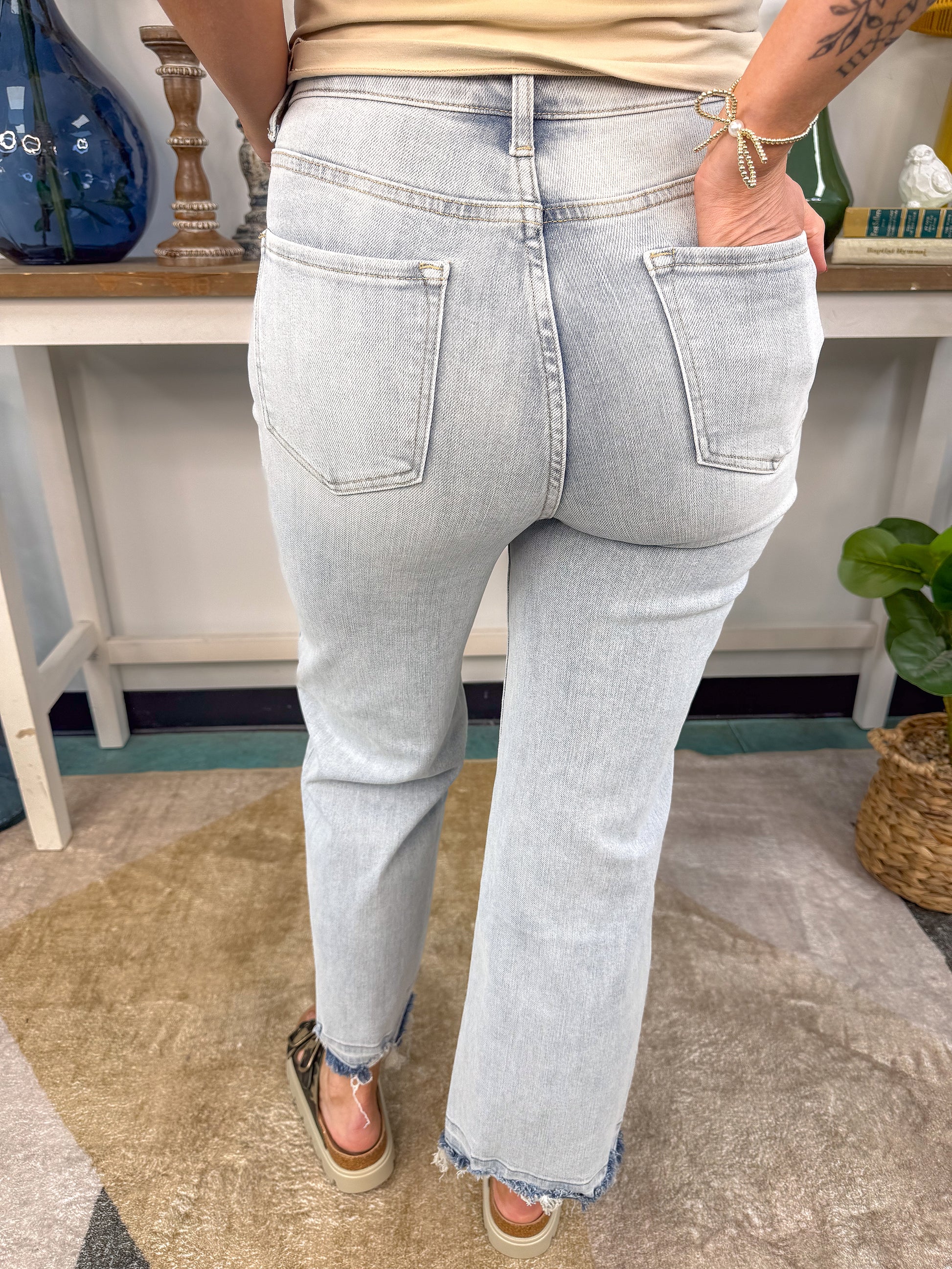 Vintage Wash Crop Jeans, Raw Distressed Hem