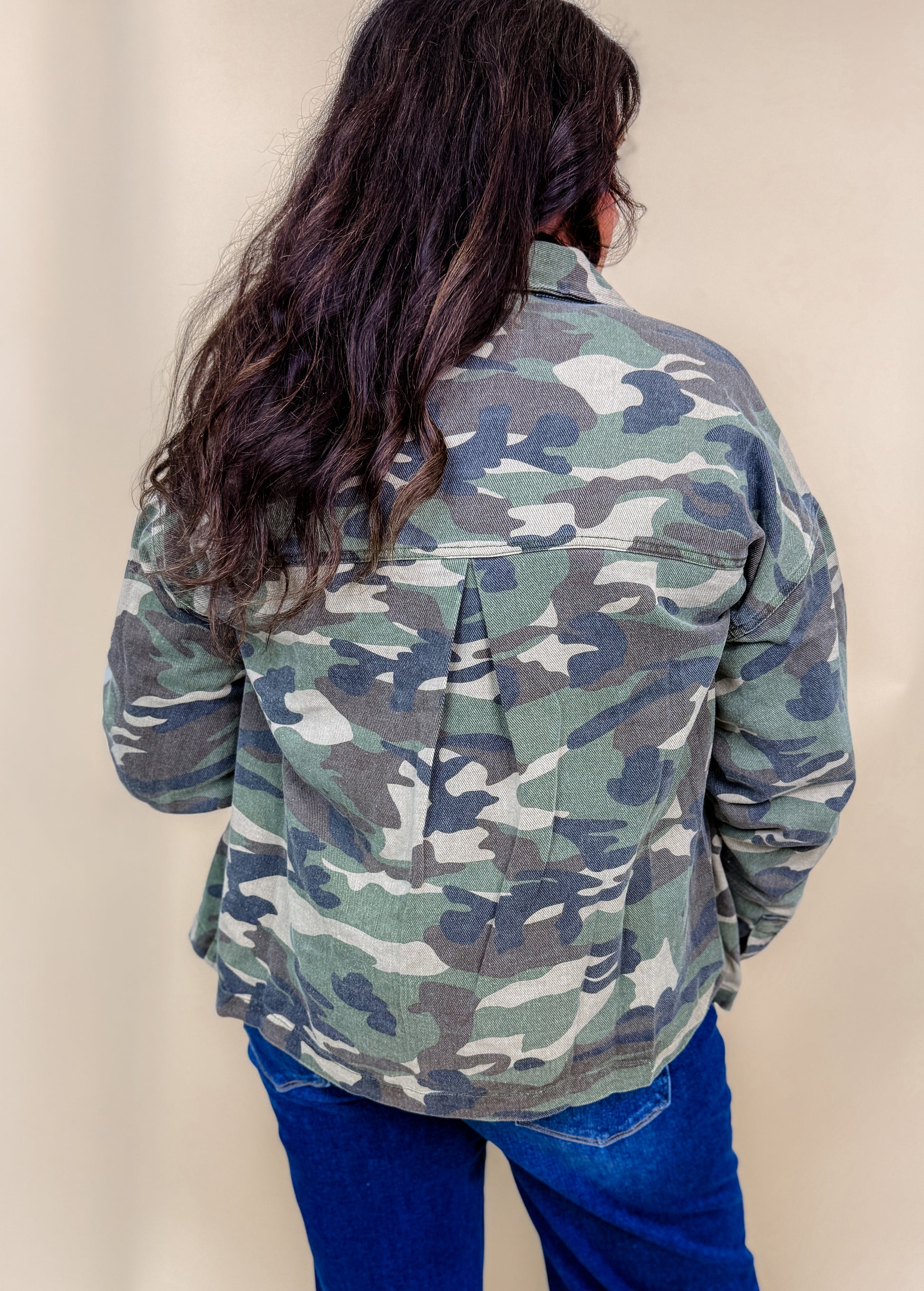 Vintage Washed Camo Denim Jacket With Square Pocket