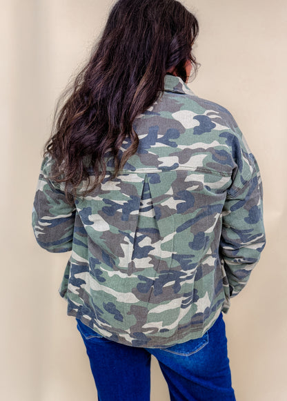 Vintage Washed Camo Denim Jacket With Square Pocket