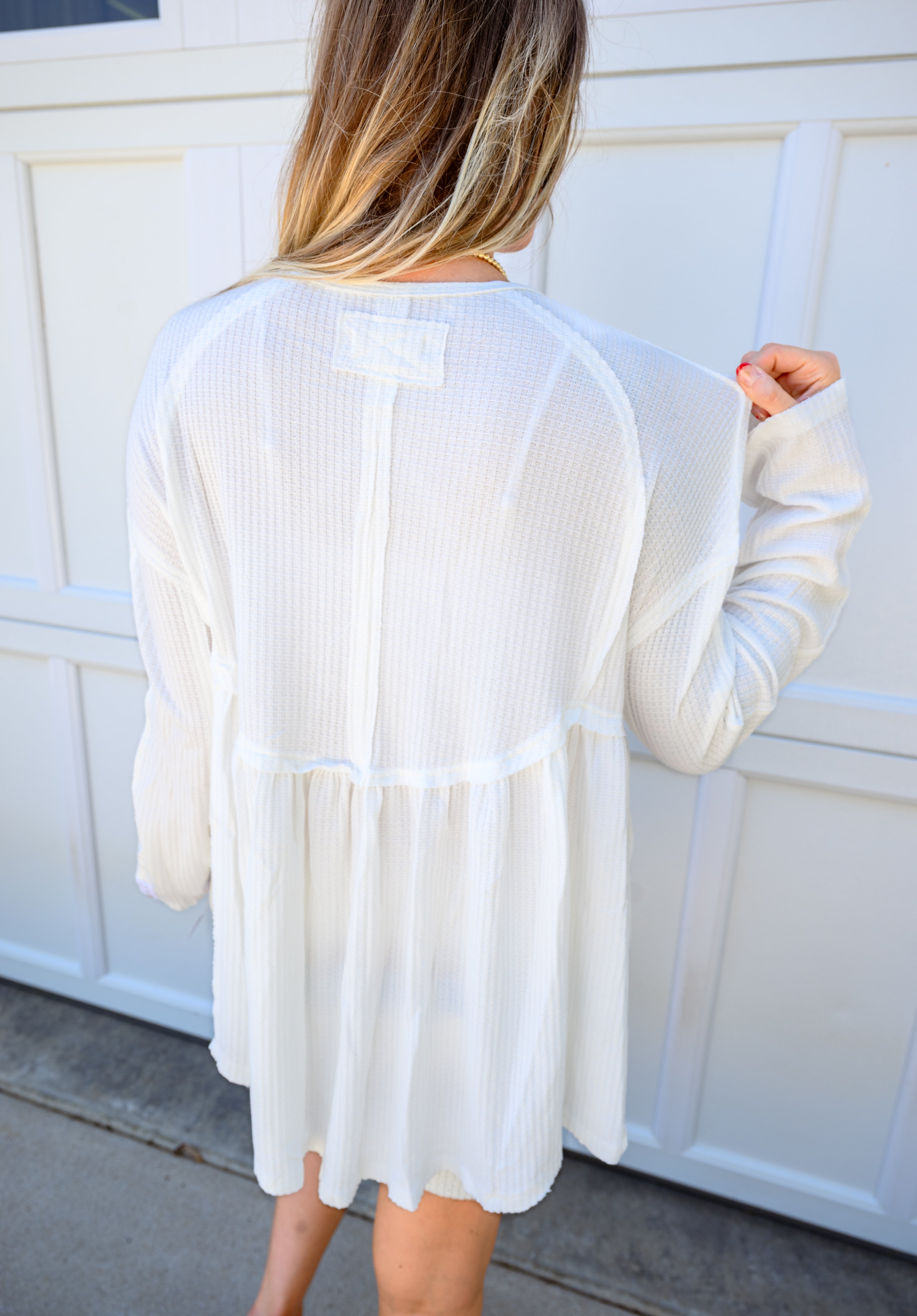 Waffle Knit Babydoll Long Sleeve Top