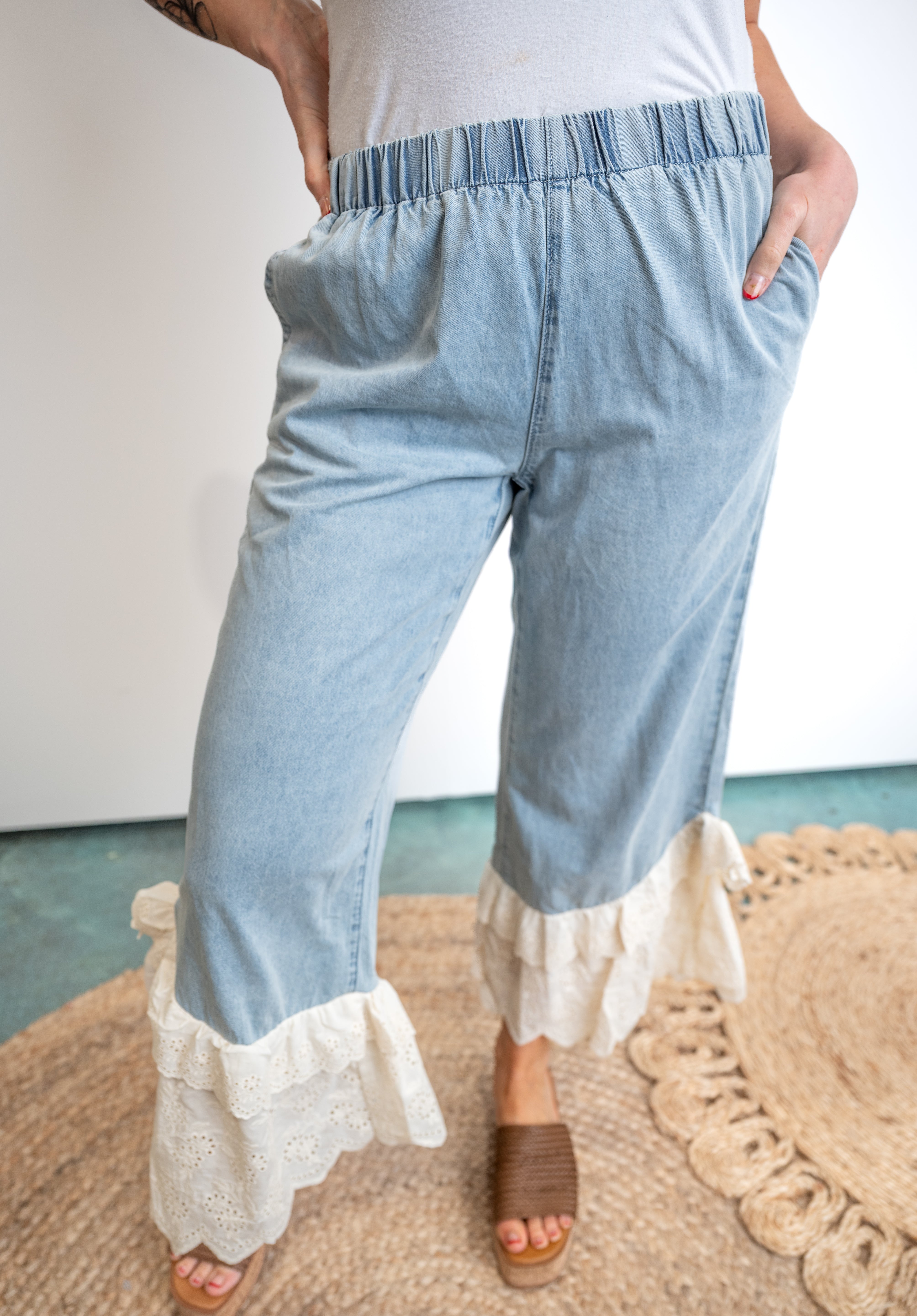 Washed Denim With Ruffled Lace Hem Pants -