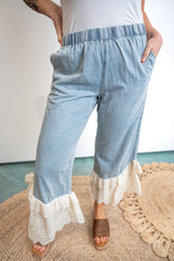 Washed Denim With Ruffled Lace Hem Pants -