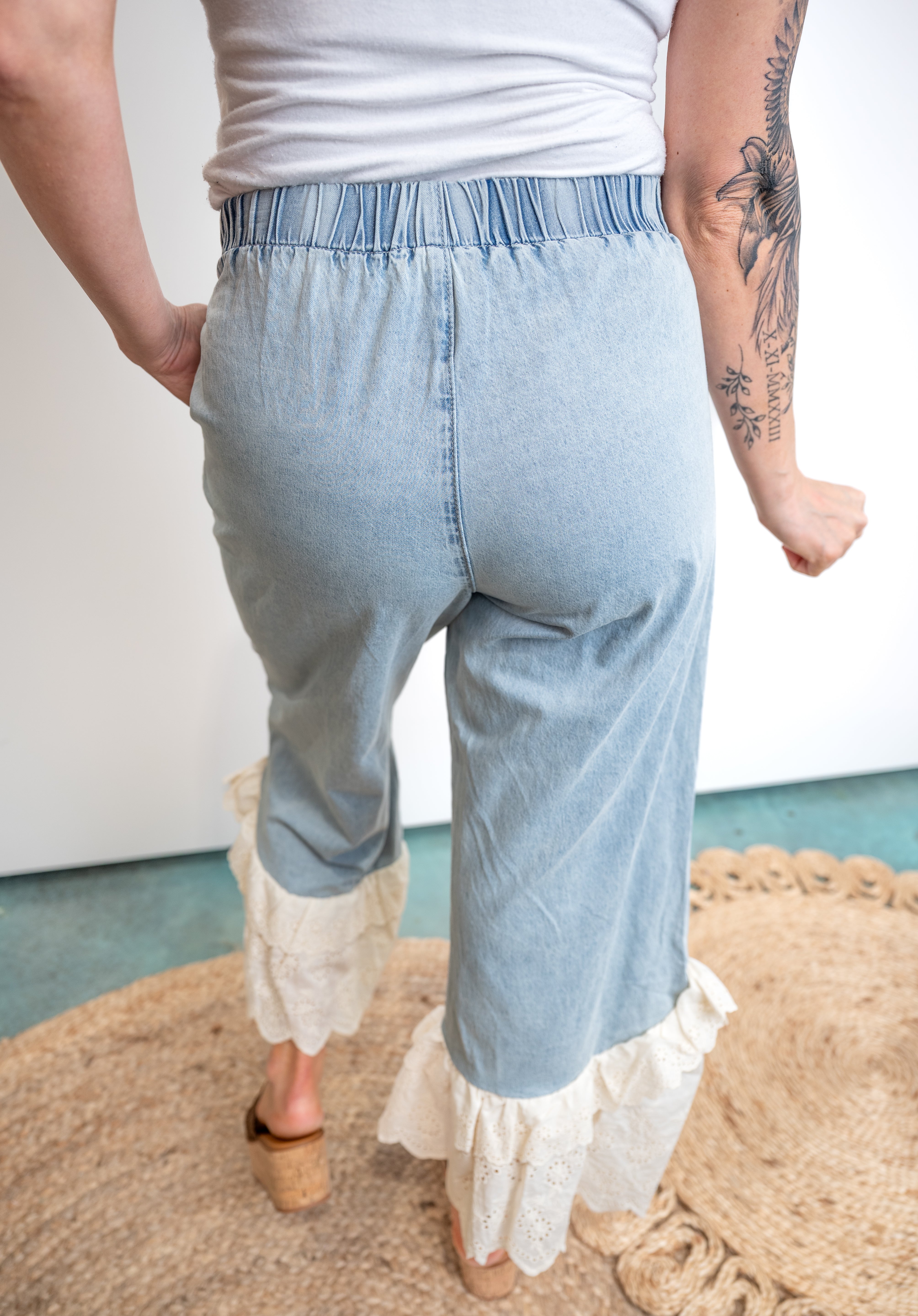 Washed Denim With Ruffled Lace Hem Pants -