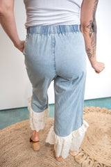 Washed Denim With Ruffled Lace Hem Pants -