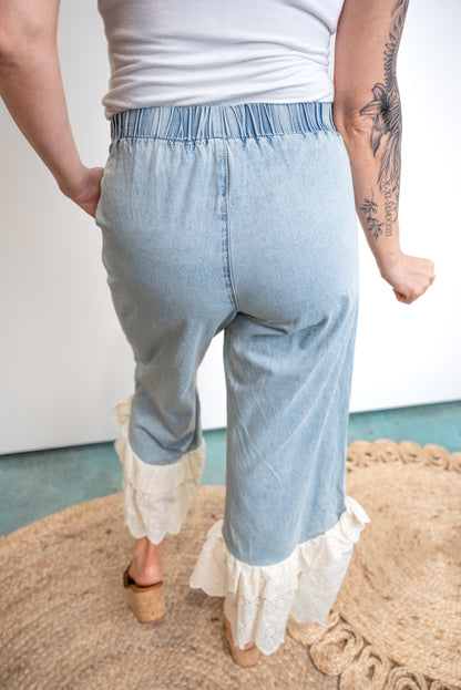 Washed Denim With Ruffled Lace Hem Pants - Final Sale
