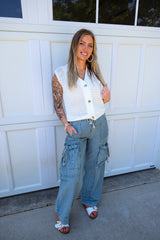 Washed Elastic Waist String Point Big Pocket Pants