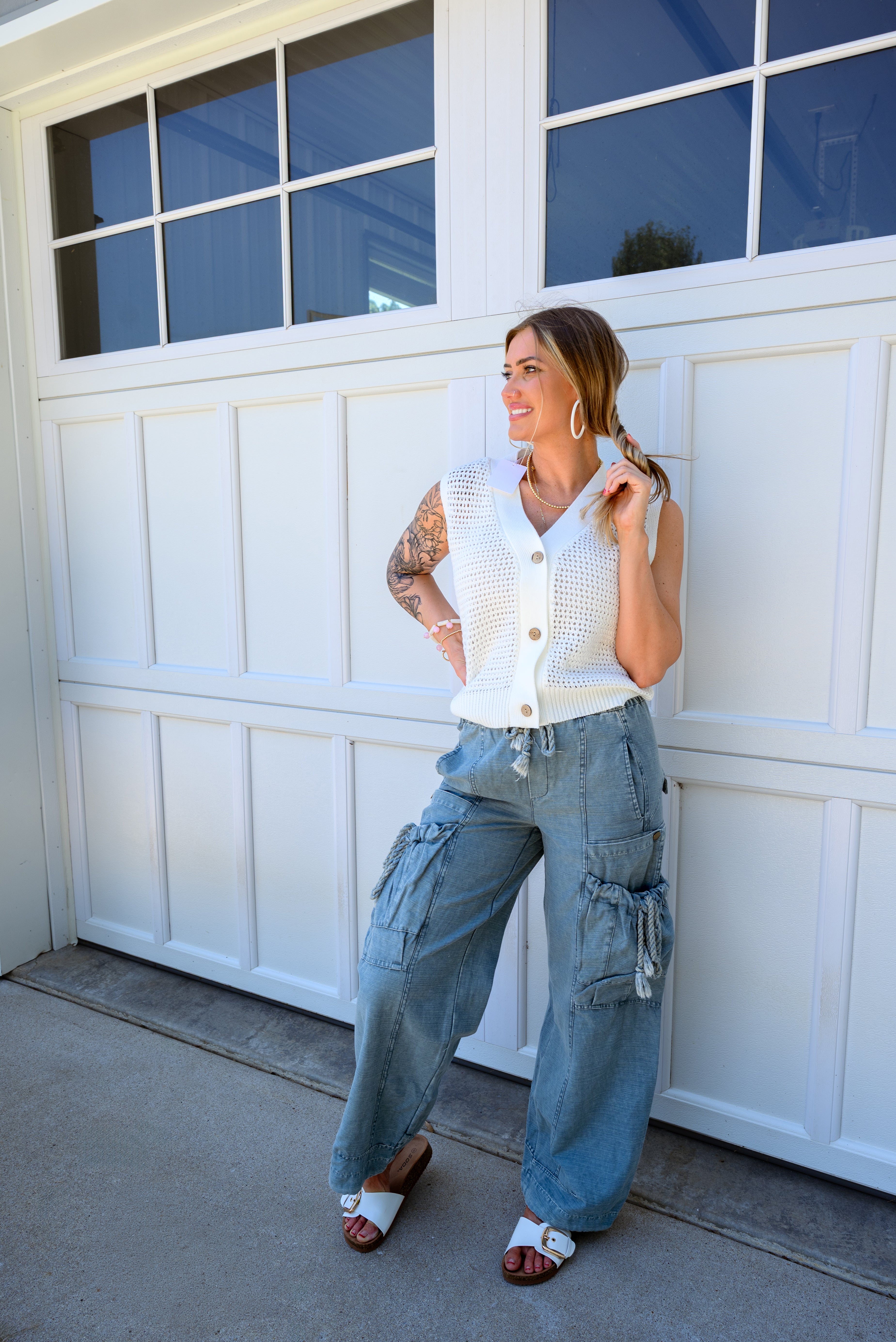 Washed Elastic Waist String Point Big Pocket Pants