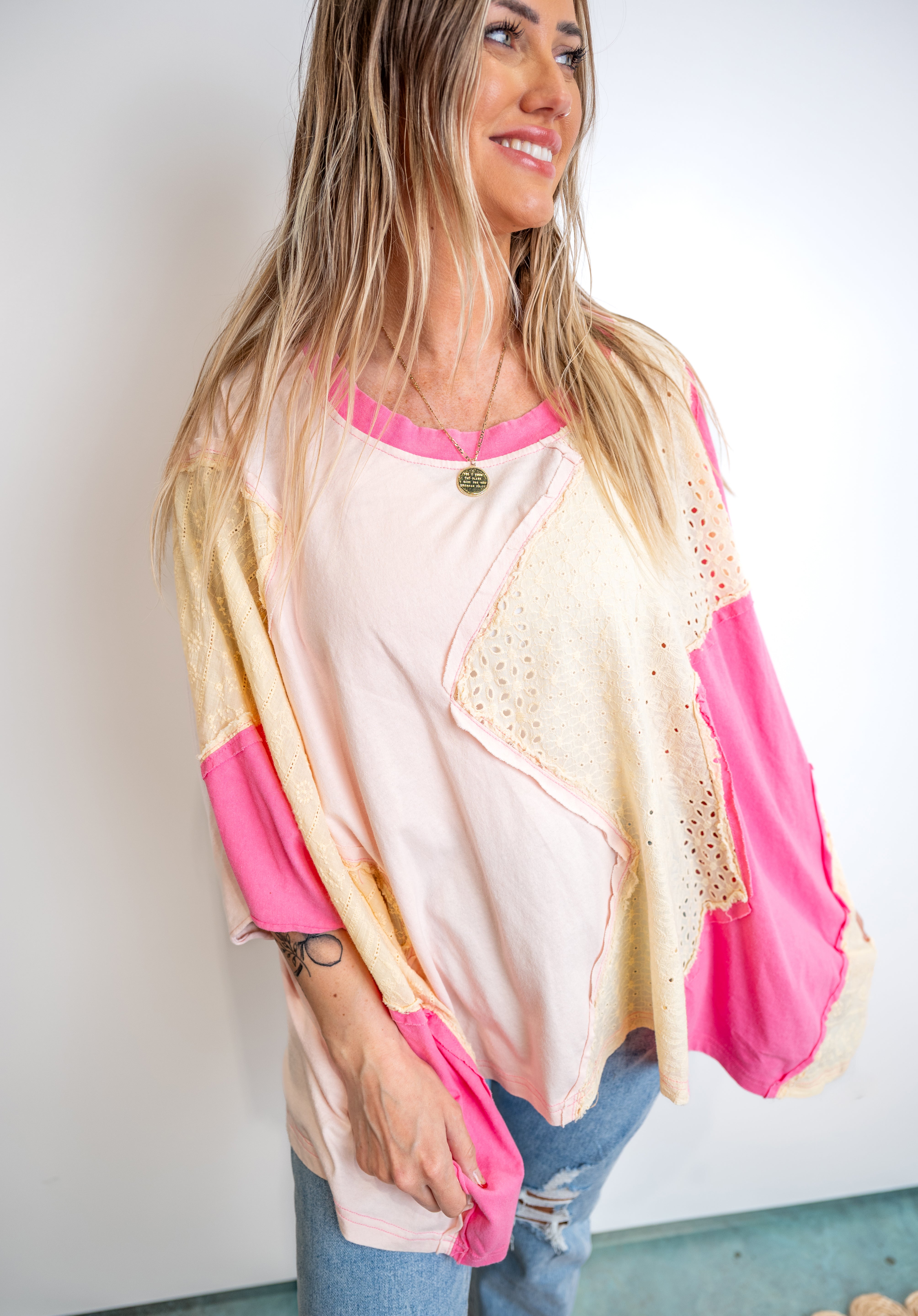 Washed Multicolor Zigzag Oversized Top - Berry