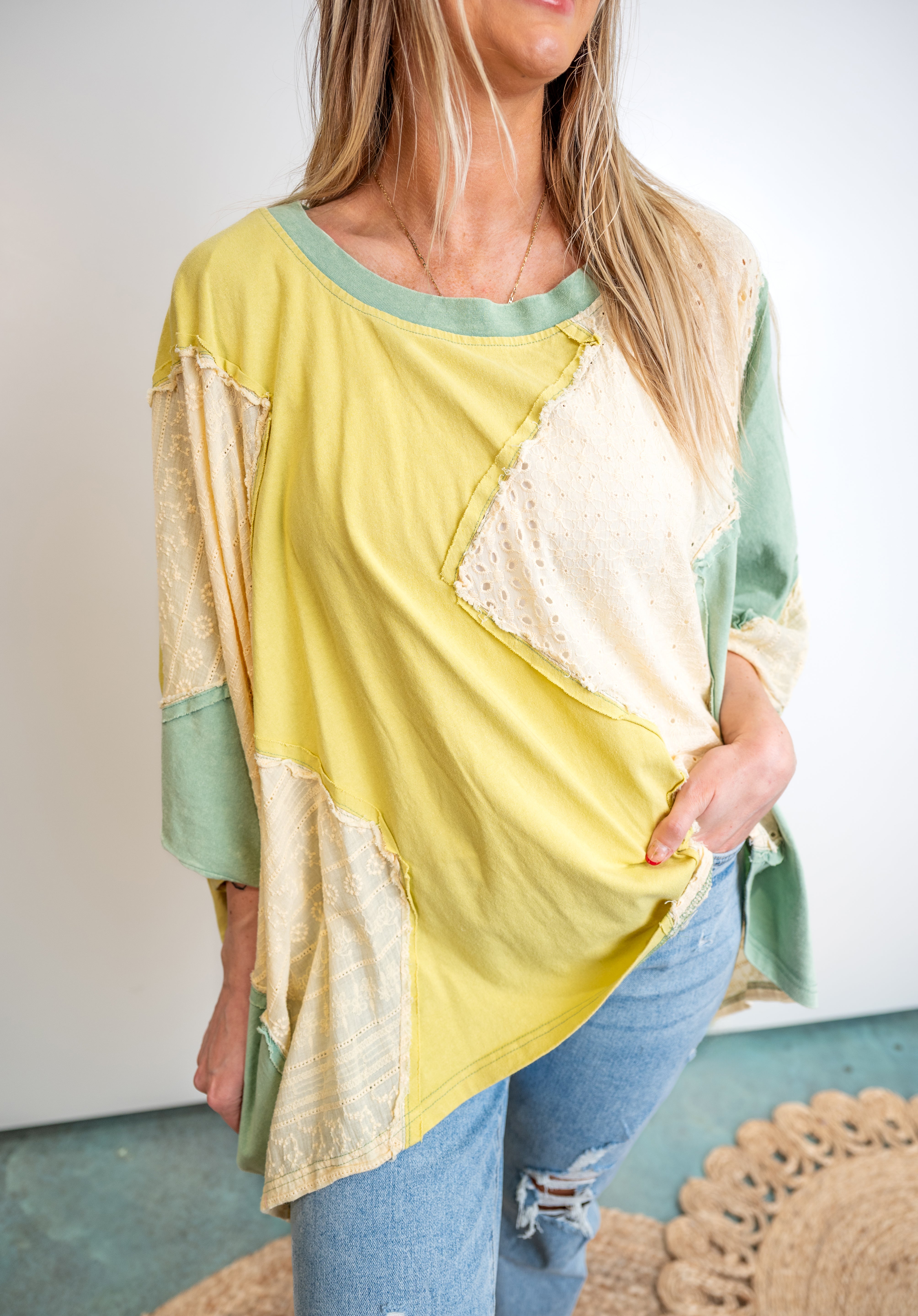Washed Multicolor Zigzag Oversized Top - Green
