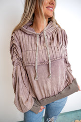 Washed Quilted Detail Hooded Pullover Top - Mocha