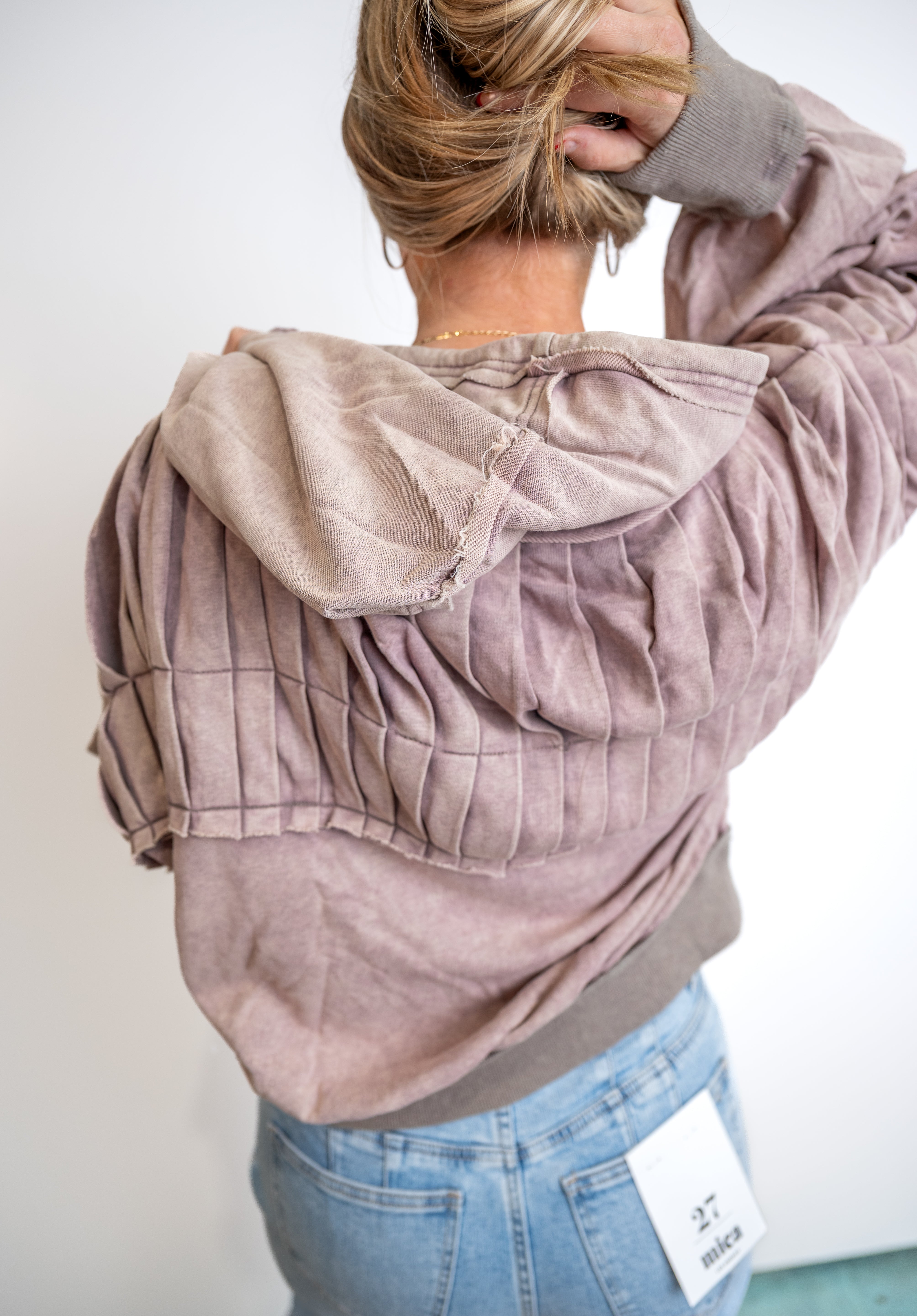 Washed Quilted Detail Hooded Pullover Top - Mocha
