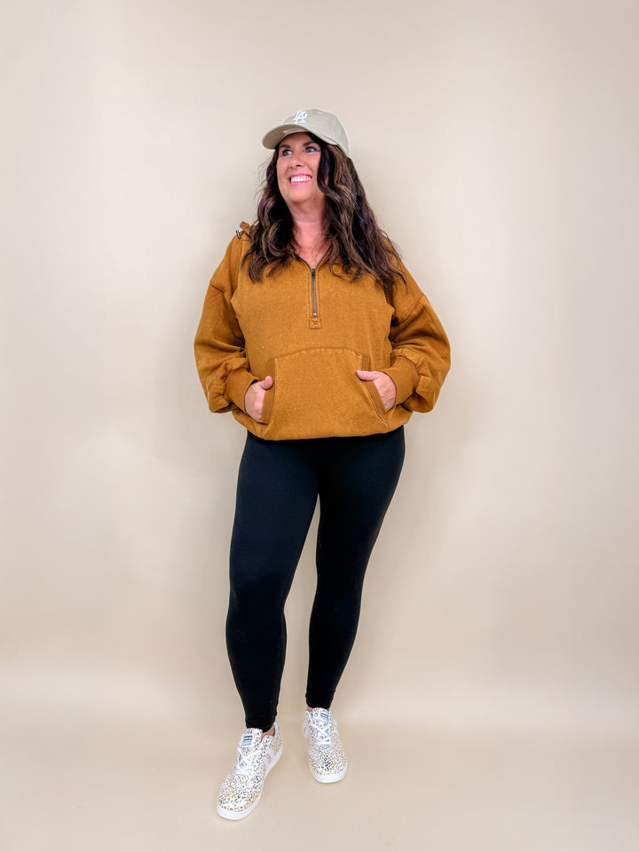 Washed Stitch Elastic Hem Half Zip Fleece Hoodie - Final Sale
