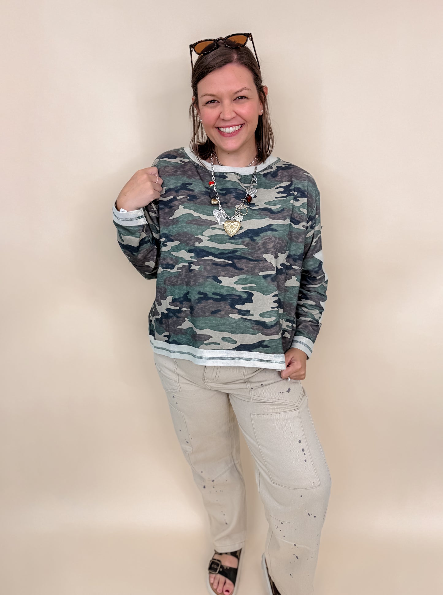 Washed Vintage Camo Cotton Raw Edge Long Sleeve Top