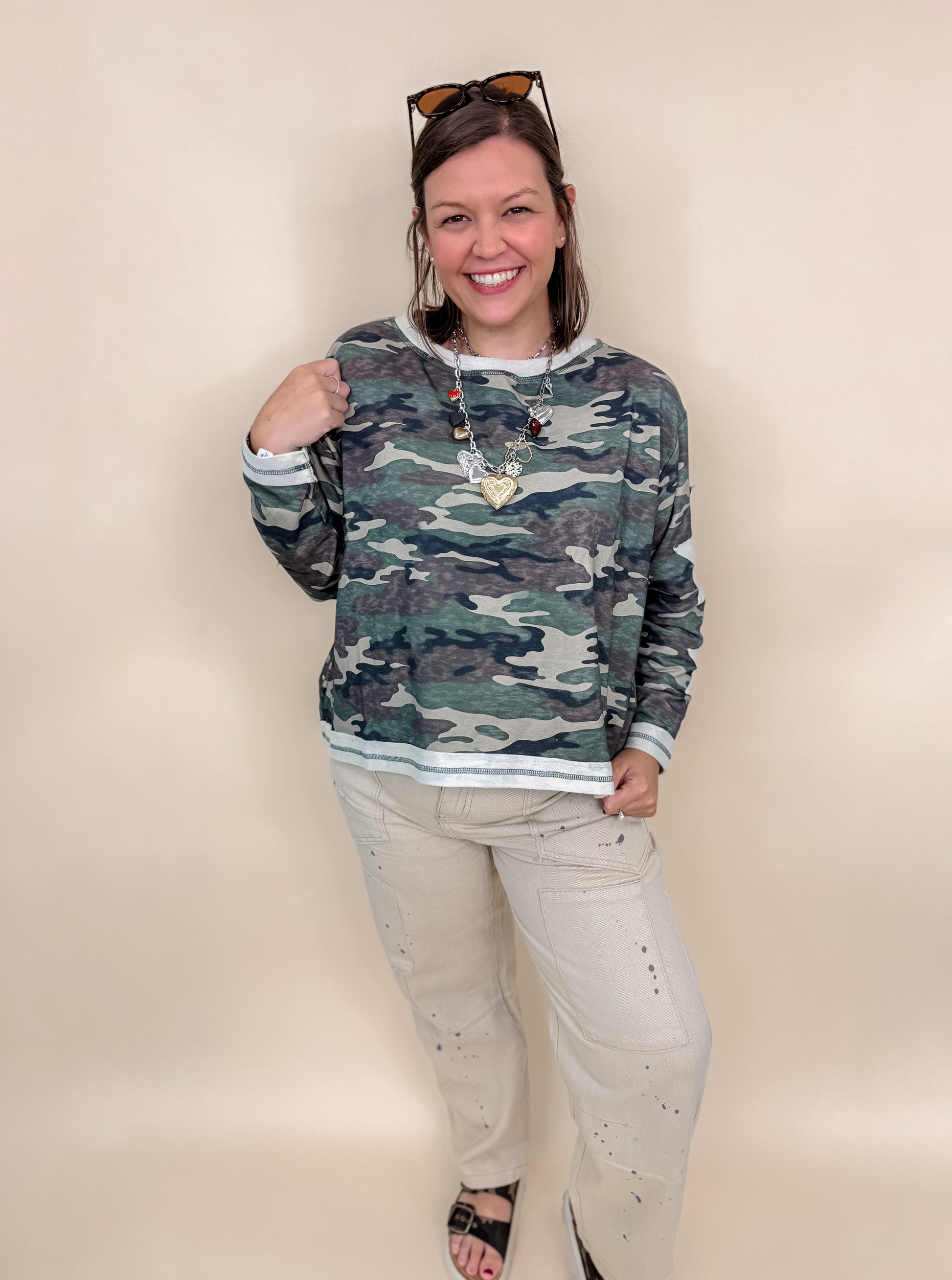Washed Vintage Camo Cotton Raw Edge Long Sleeve Top