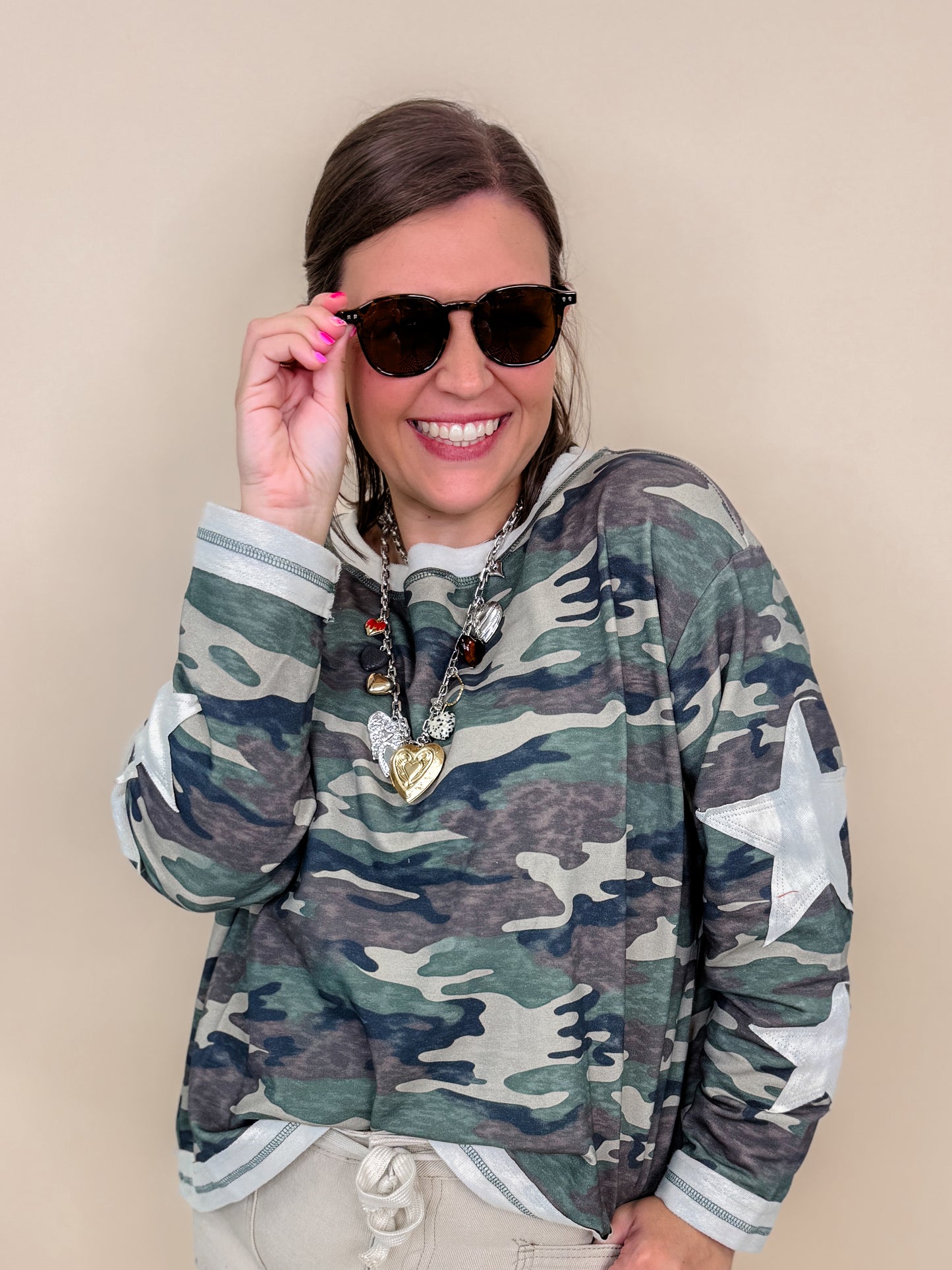 Washed Vintage Camo Cotton Raw Edge Long Sleeve Top