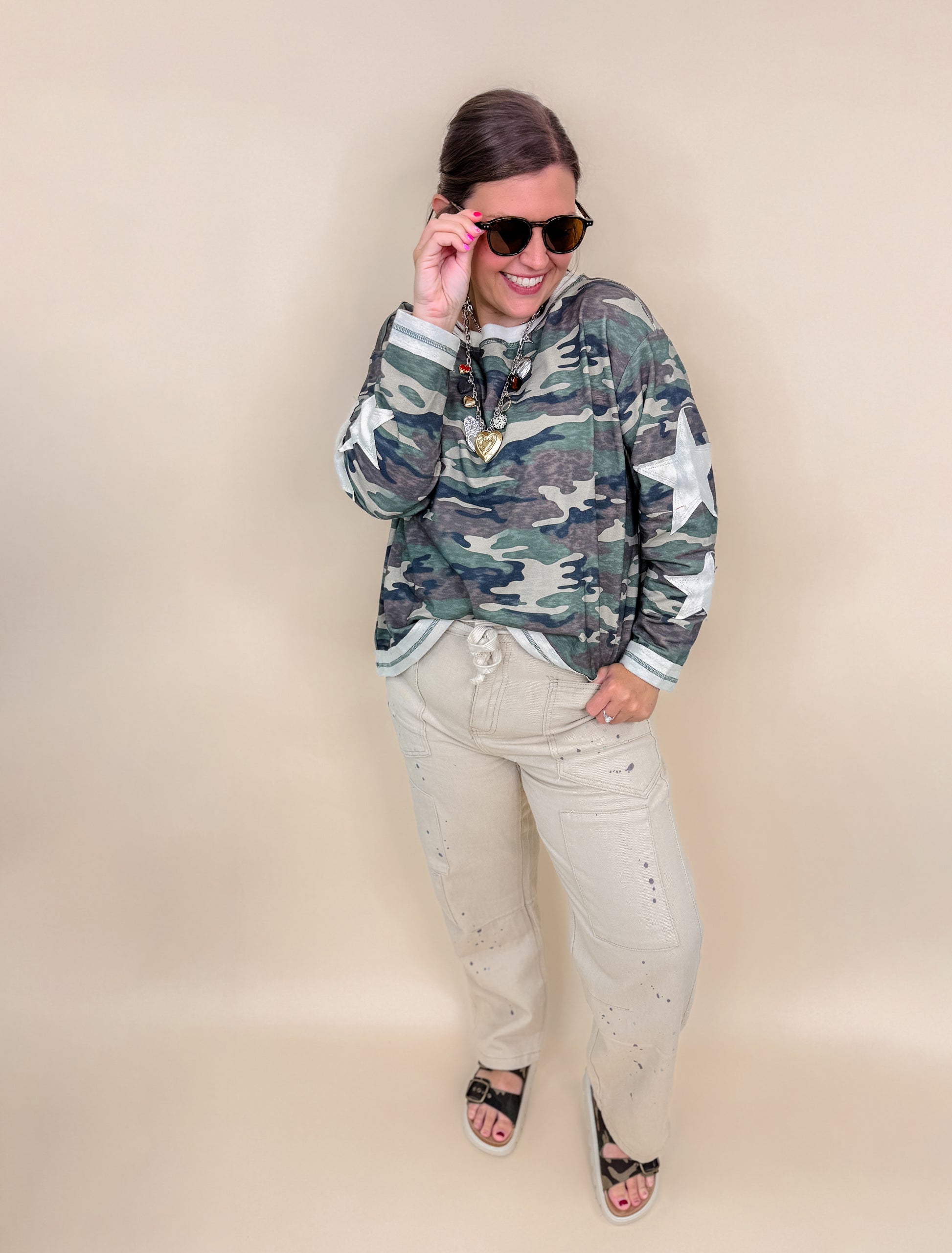 Washed Vintage Camo Cotton Raw Edge Long Sleeve Top