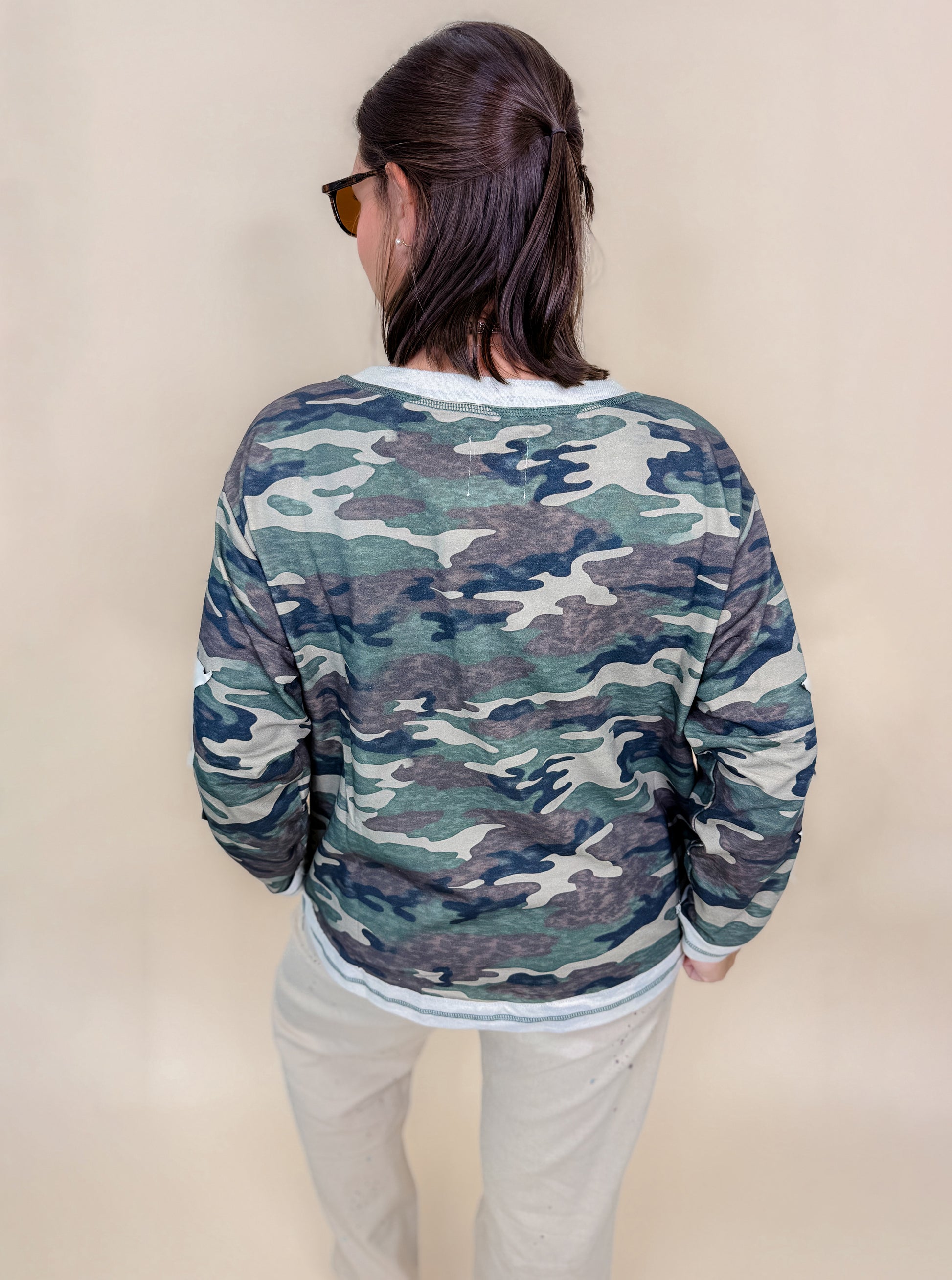 Washed Vintage Camo Cotton Raw Edge Long Sleeve Top