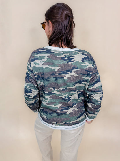 Washed Vintage Camo Cotton Raw Edge Long Sleeve Top