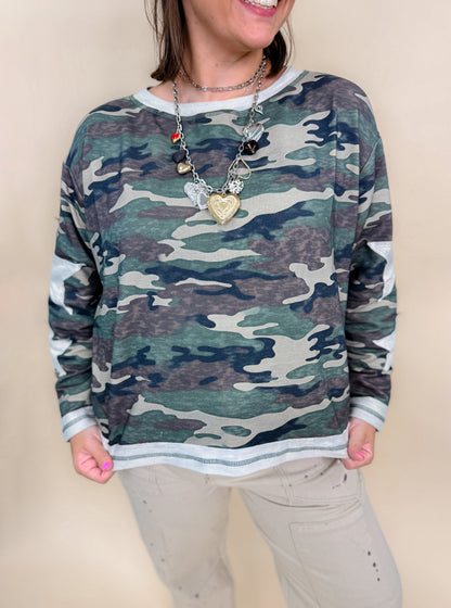 Washed Vintage Camo Cotton Raw Edge Long Sleeve Top