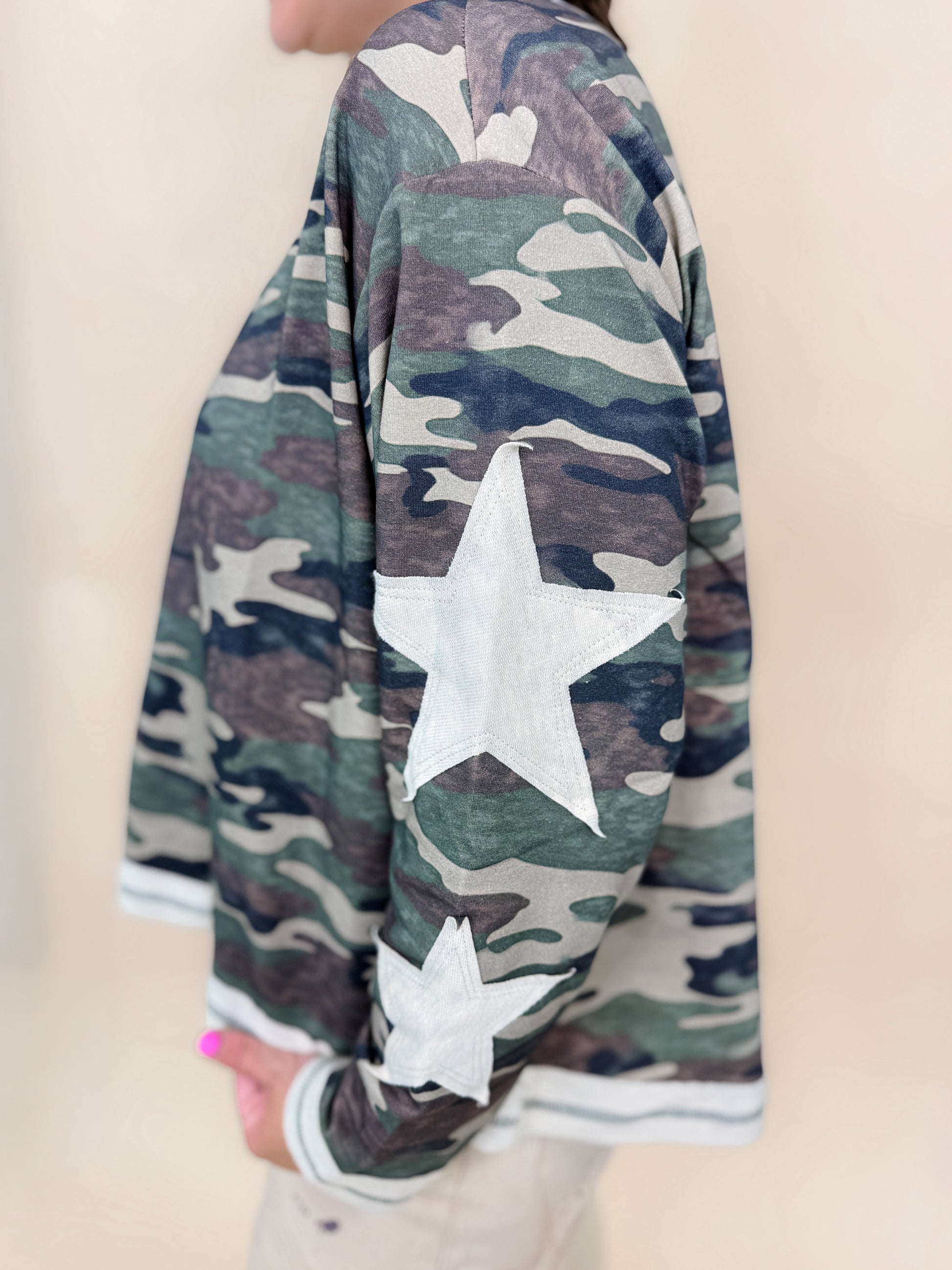 Washed Vintage Camo Cotton Raw Edge Long Sleeve Top
