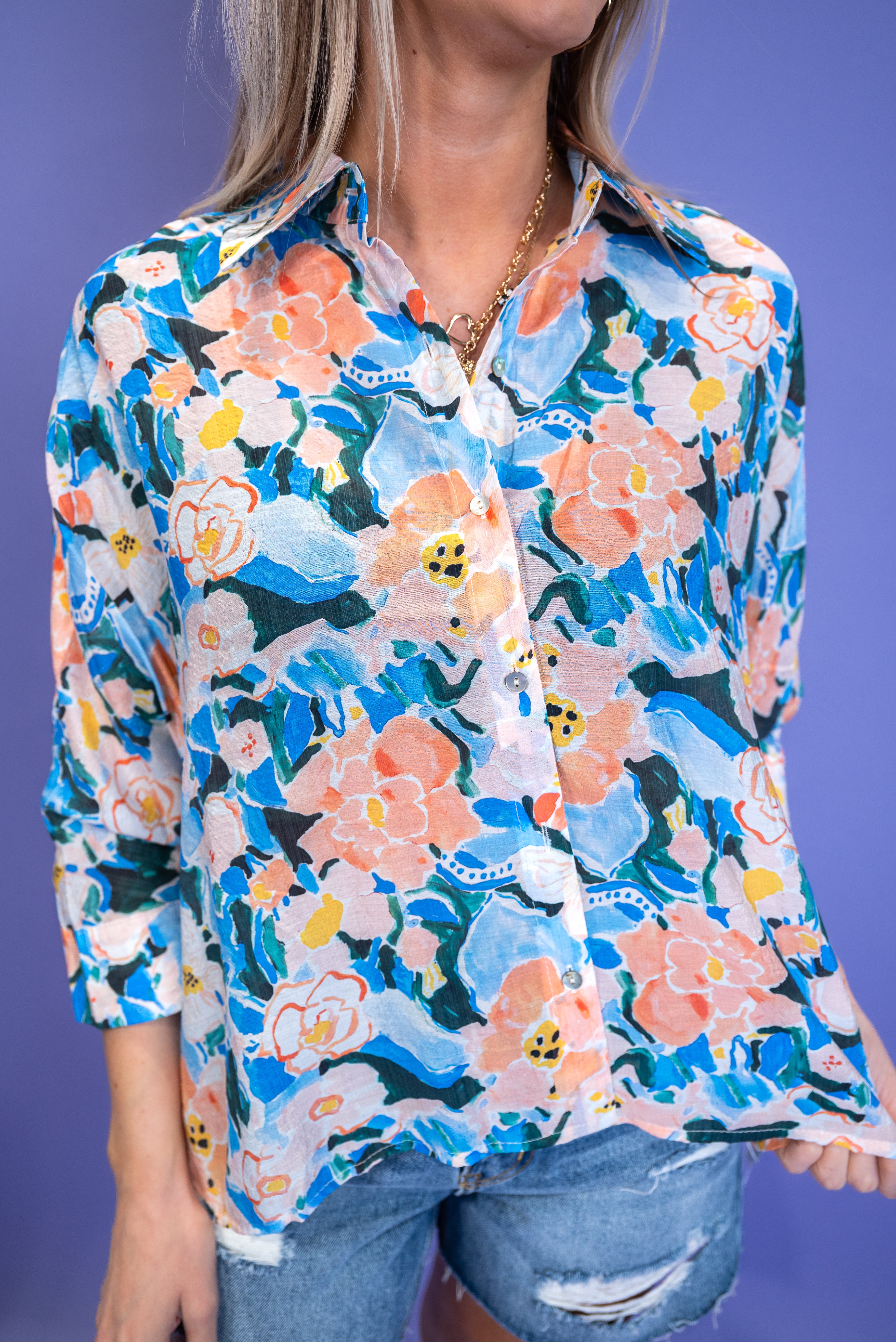 Watercolor Floral Button-Up Blouse - Blue