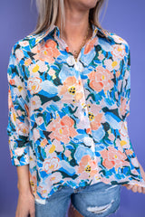 Watercolor Floral Button-Up Blouse - Blue