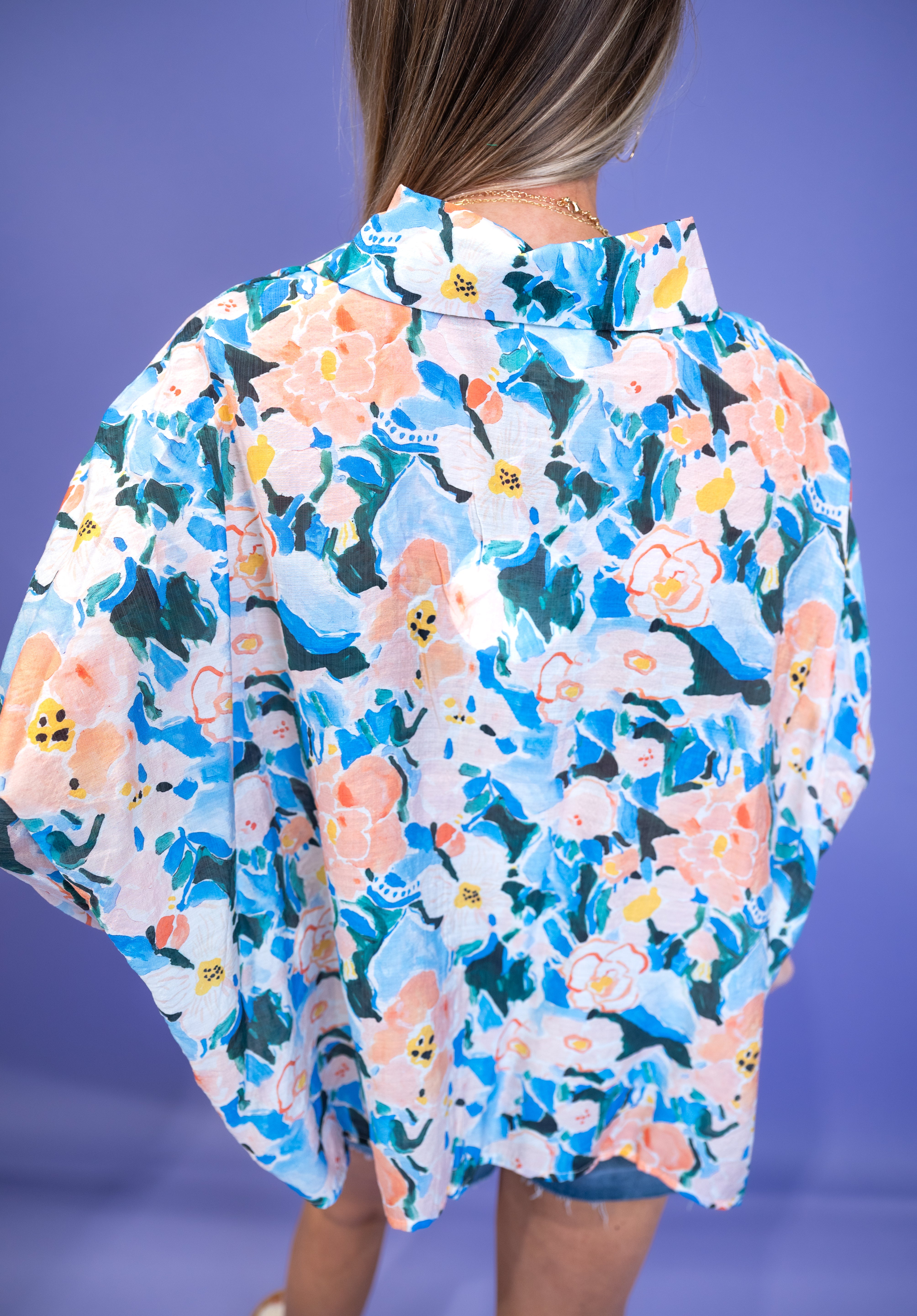 Watercolor Floral Button-Up Blouse - Blue