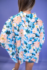 Watercolor Floral Button-Up Blouse - Blue