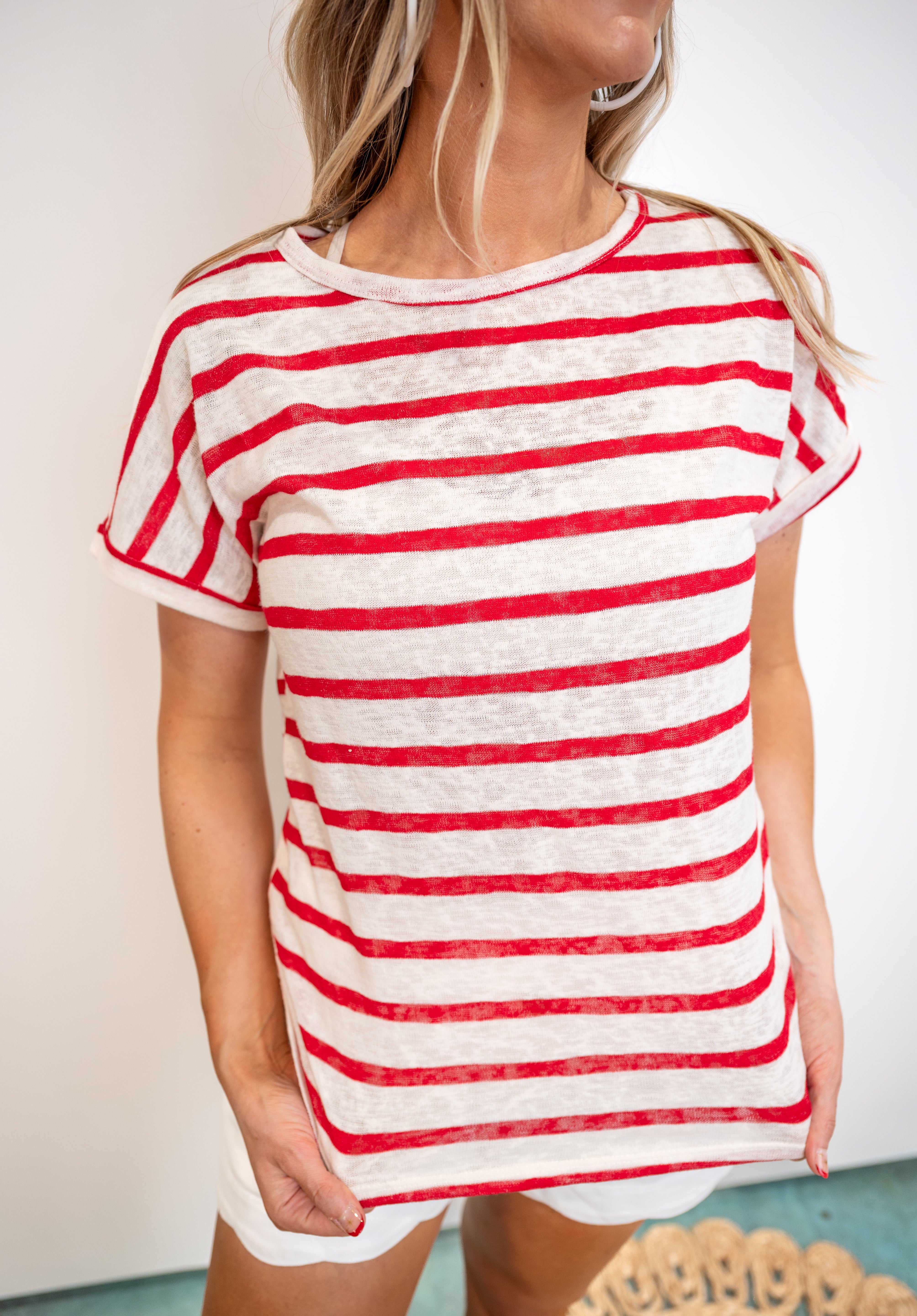 Wide Stripe Dolman Sleeve Relaxed Top - Red