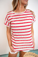 Wide Stripe Dolman Sleeve Relaxed Top - Red