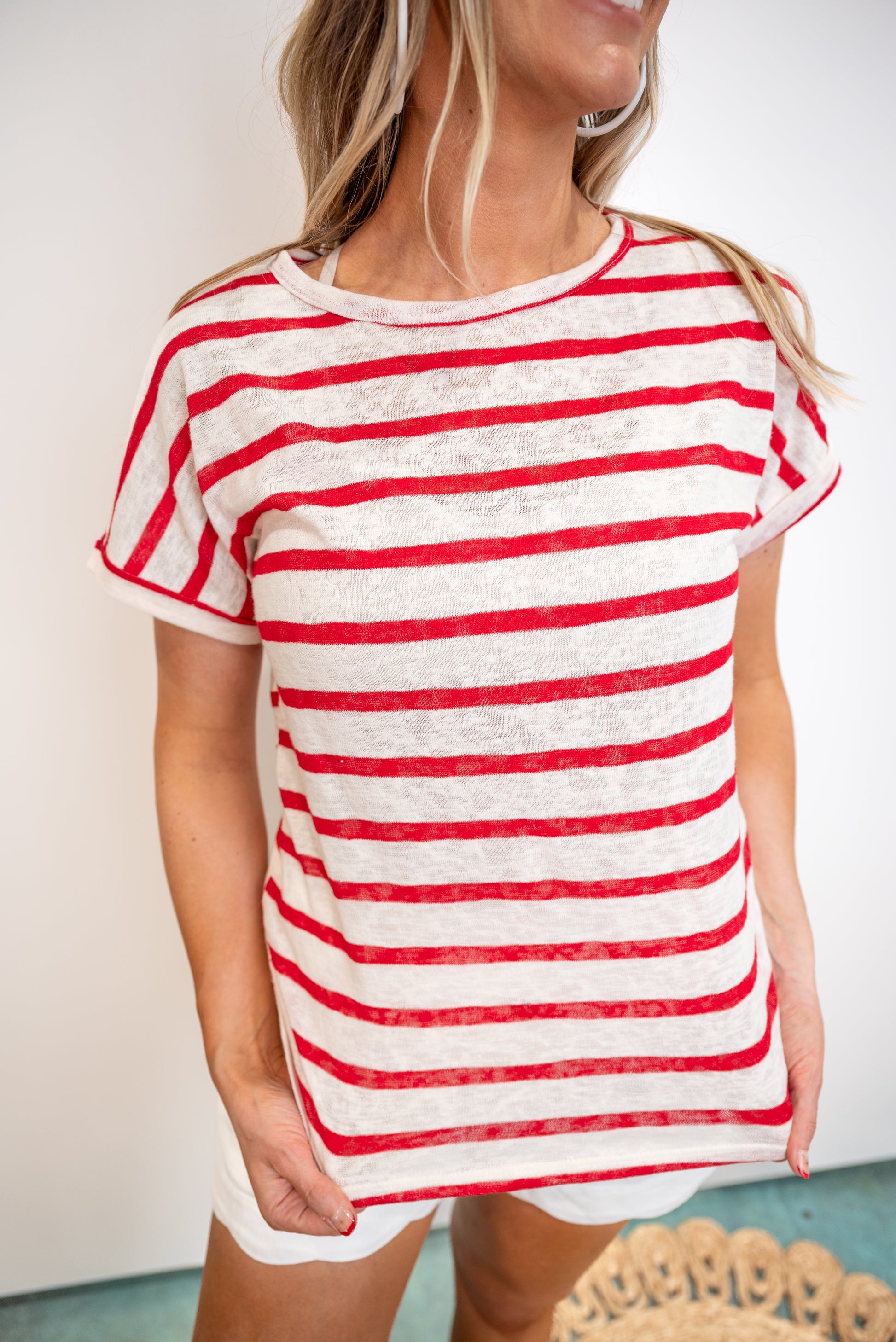 Wide Stripe Dolman Sleeve Relaxed Top - Red - EOS Final Sale