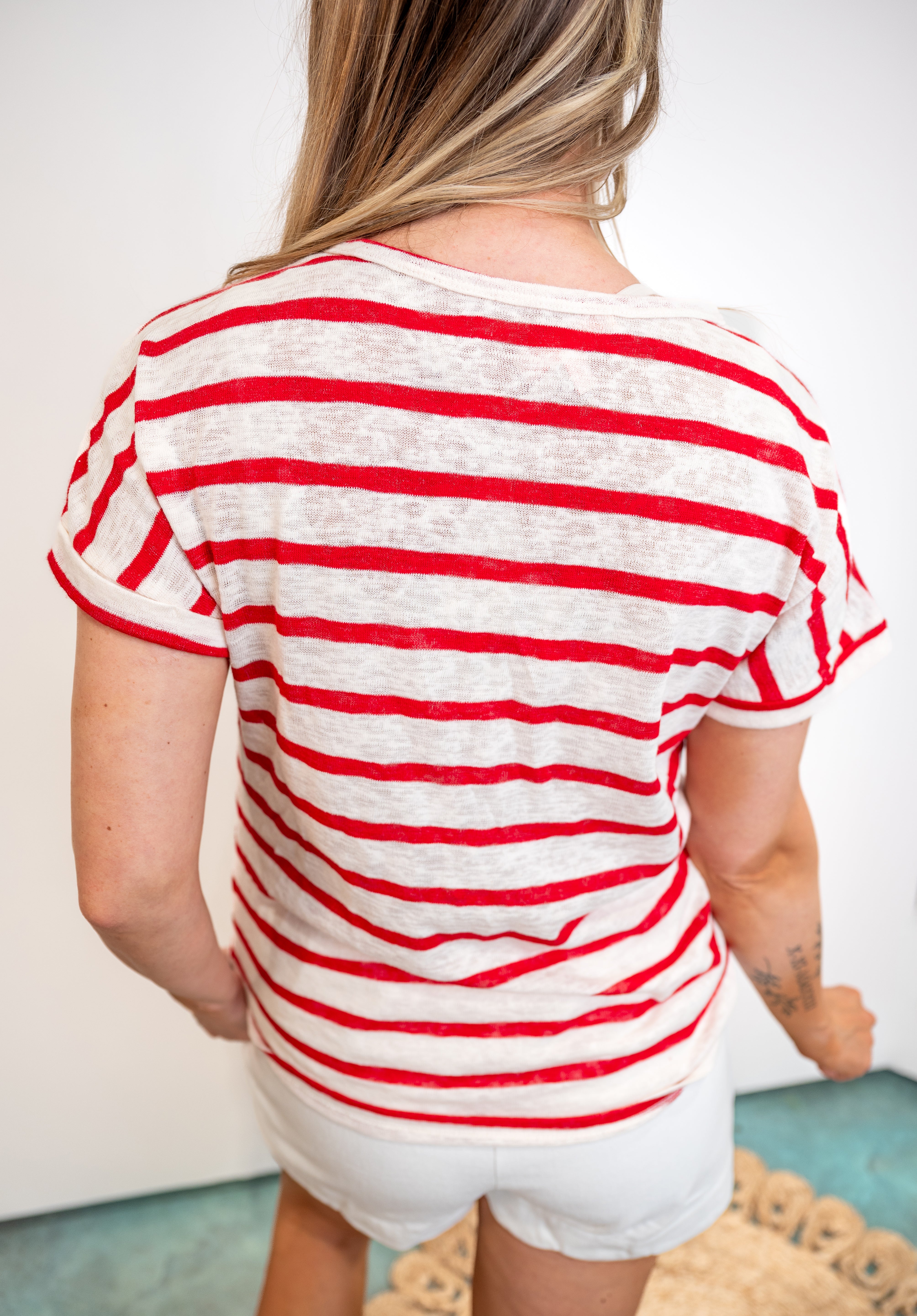 Wide Stripe Dolman Sleeve Relaxed Top - Red