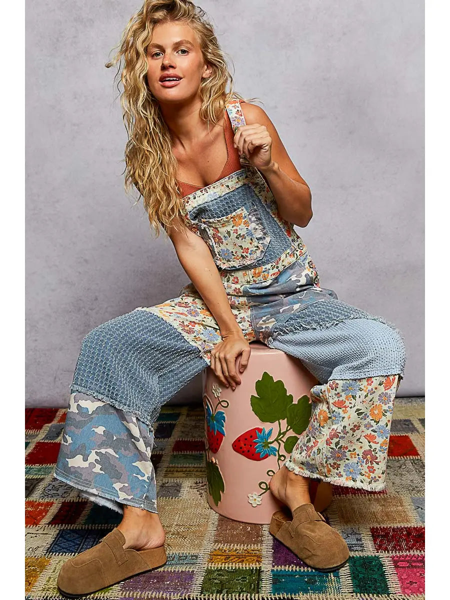 Animal Printed Floral Print Frayed Edge Twill Woven Overalls