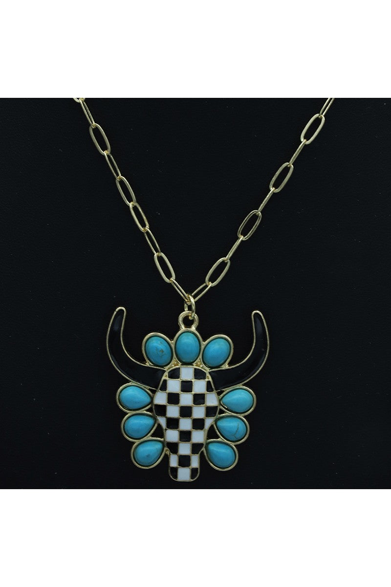 Bull Head Turquoise Check Pendant Necklace