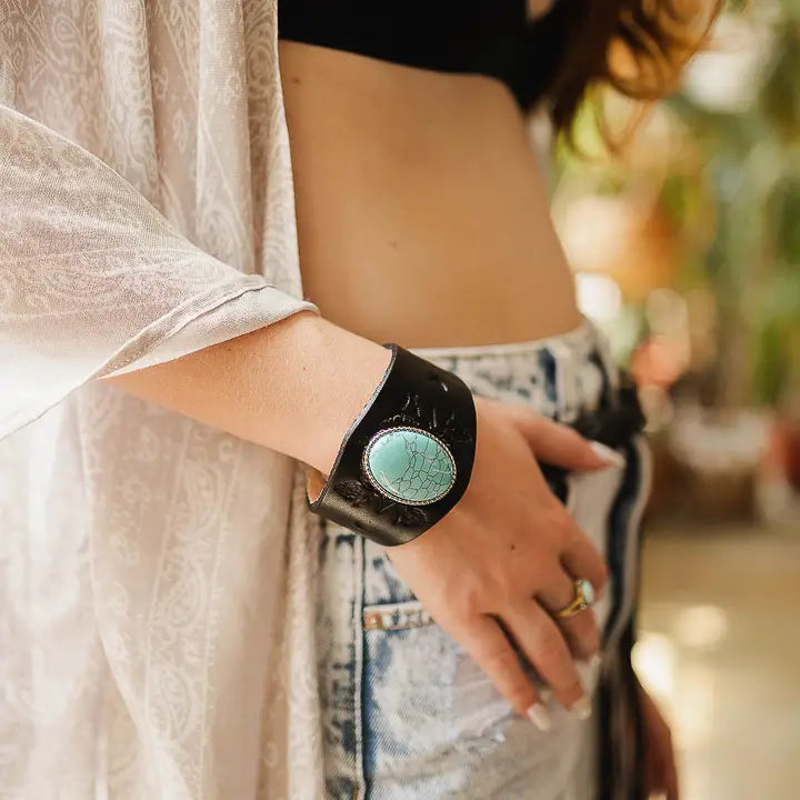 Boho Turquoise Stone Black Leather Cuff Bracelet