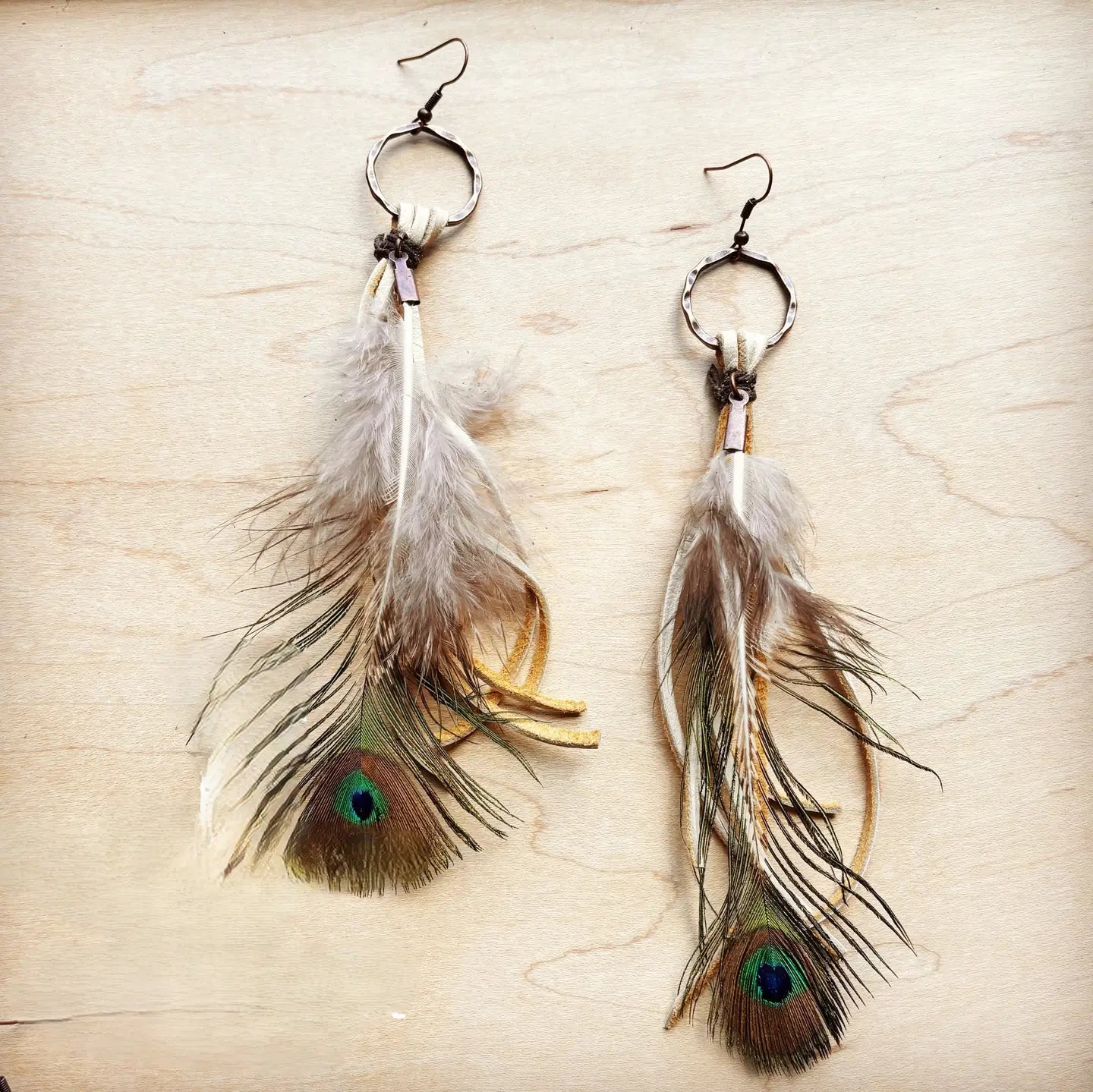 Bone Deer Skin Leather & Peacock Feather Tassel Earring