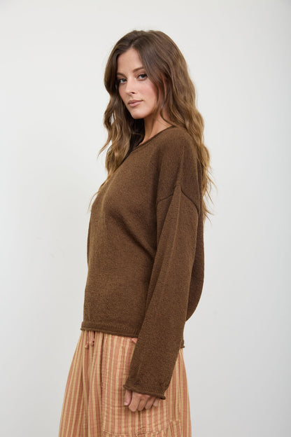 Textured Raw Edge Long Sleeve Knit Sweater