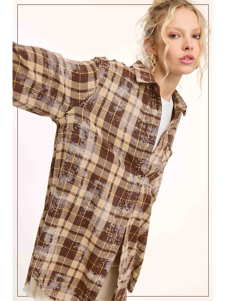 Plaid Acid Washed Cut Edge Button Down Shirt