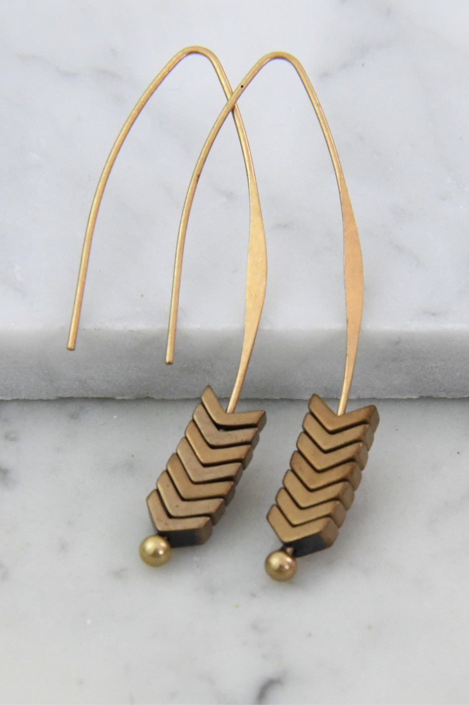 Stone Chevron Drop Earrings - Brown