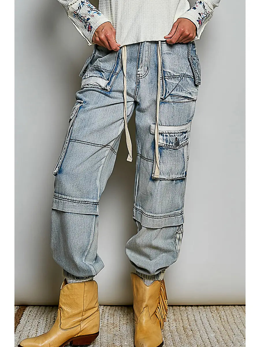 Multi Cargo Pocket Drawstring Waist Baggy Denim Joggers