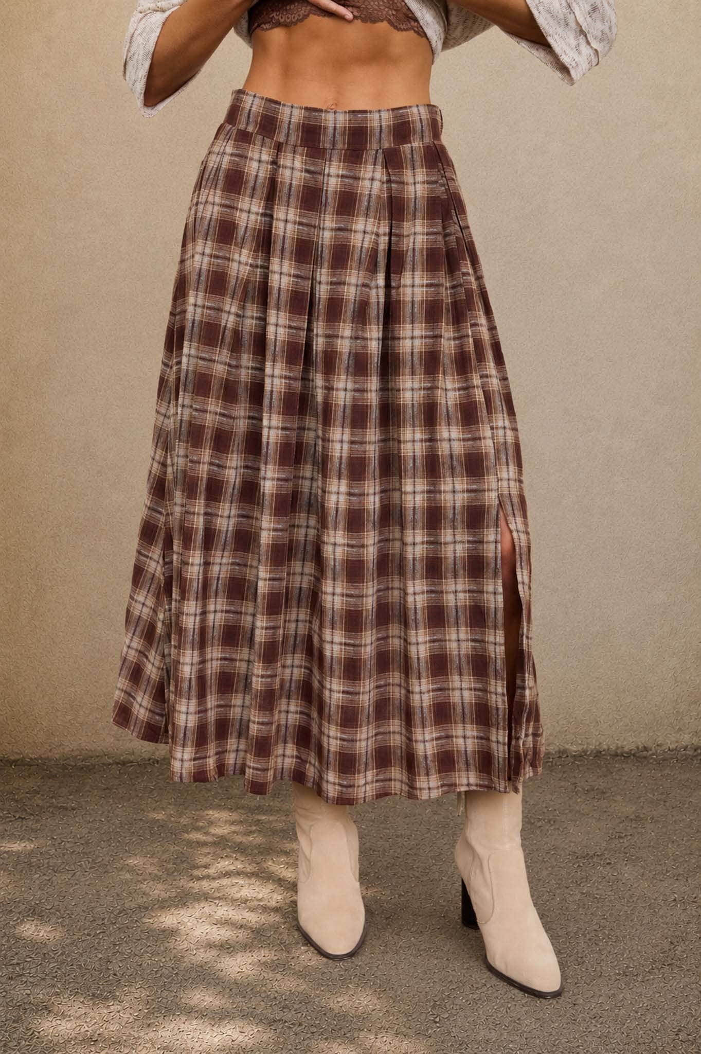 Plaid Pleated Side Slit Midi Skirt