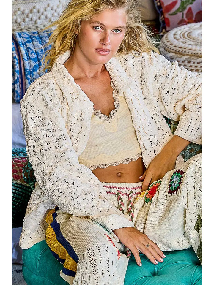 Textured Stitch Crochet Knit Lace Trim Shirt Cardigan