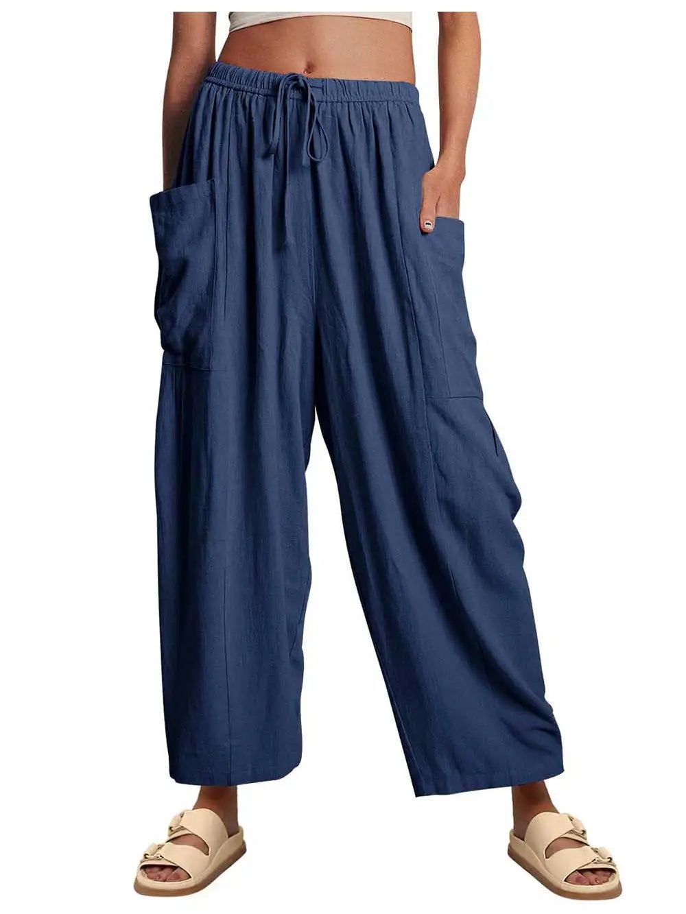 Ladies Solid Color Elastic Waist Pocket Pants